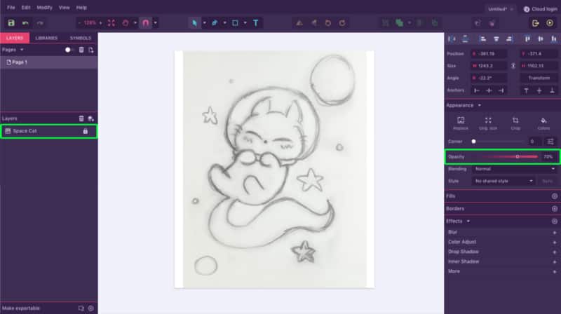Историческое рабочее пространство Gravit Designer с холстом, панелью слоёв и инспектором