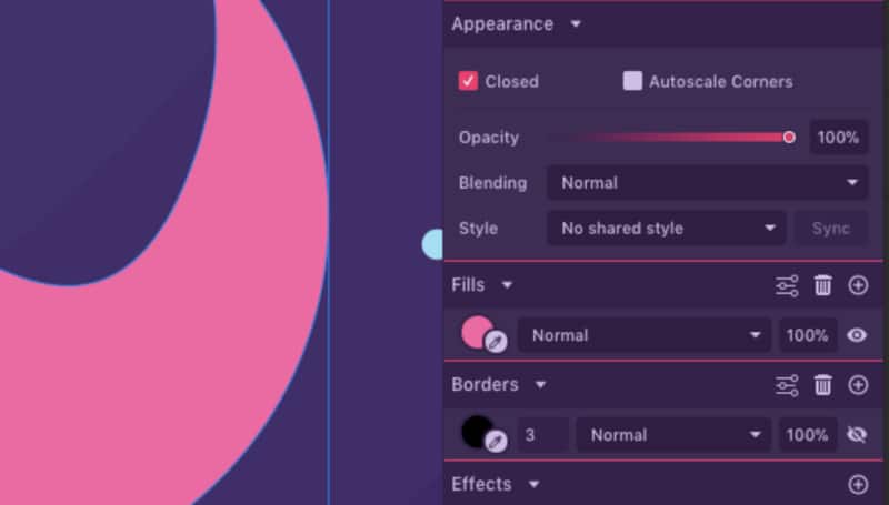 Панель Appearance в Gravit Designer с настройками прозрачности, заливок, границ и эффектов
