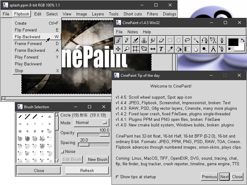 CinePaint 1.4.5 Win32 с раскрытым меню Flipbook и окном подсказки о форматах и глубине цвета
