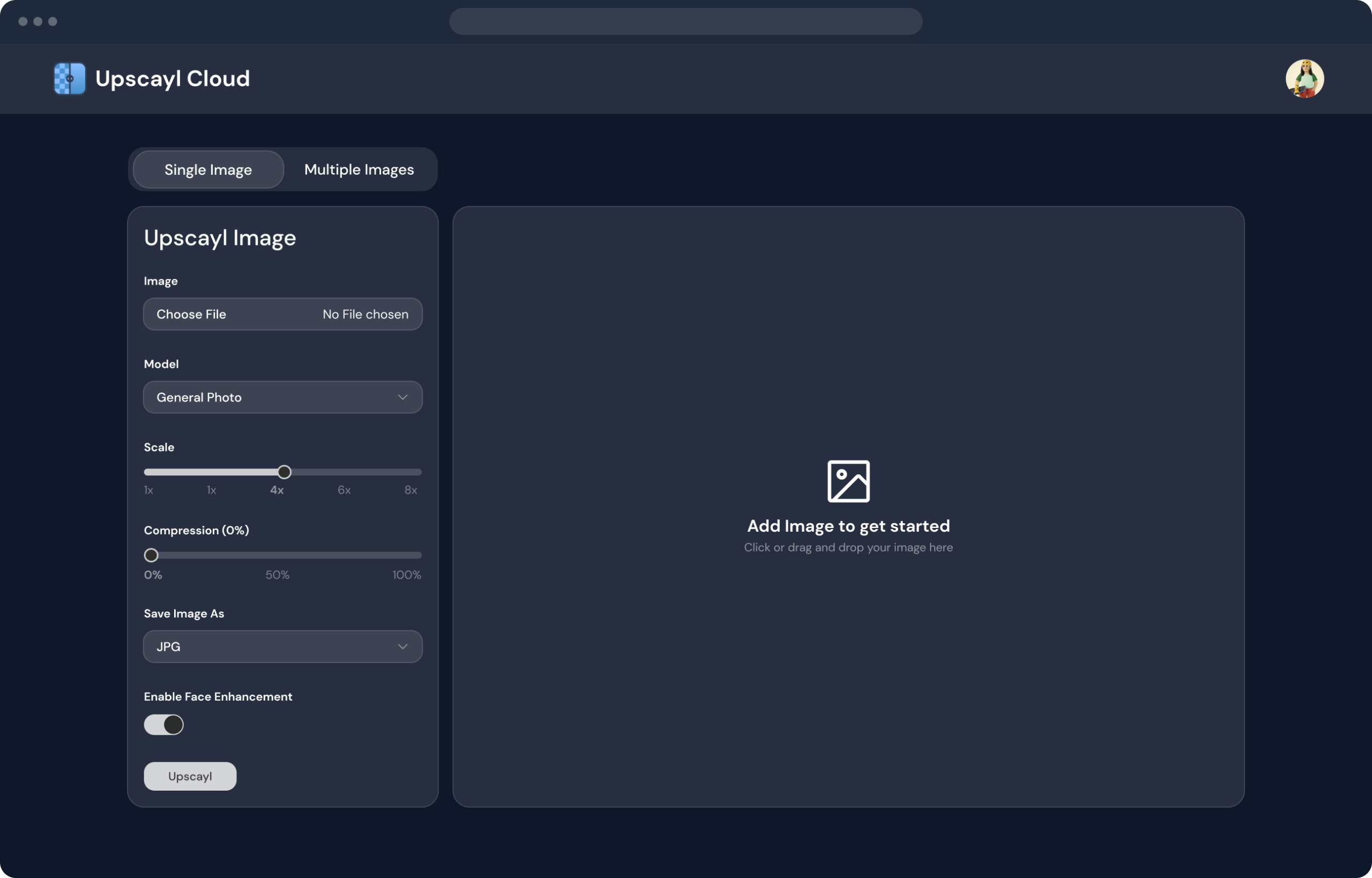 Интерфейс Upscayl Cloud с загрузкой изображения, выбором модели, масштаба, формата и Face Enhancement