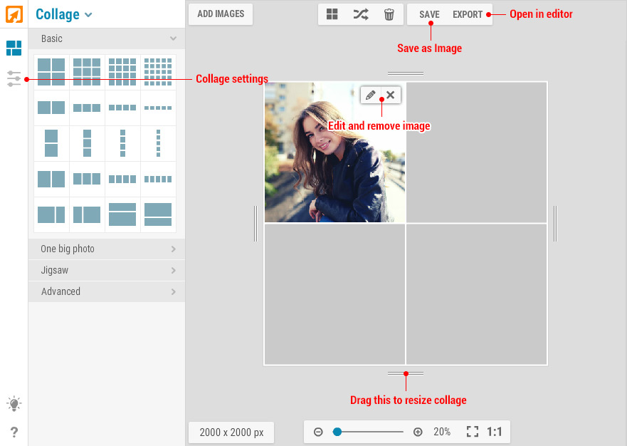Интерфейс iPiccy Collage Maker с сетками, кнопкой Add Images и командами Save и Export