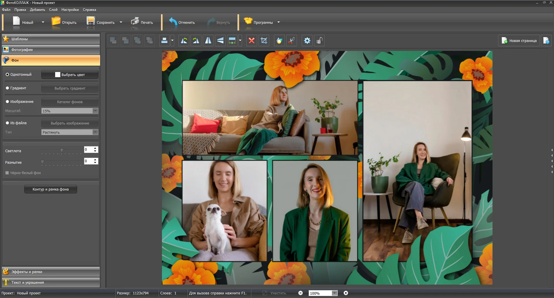 Панель настройки фона и готовый фотоколлаж в ФотоКОЛЛАЖ