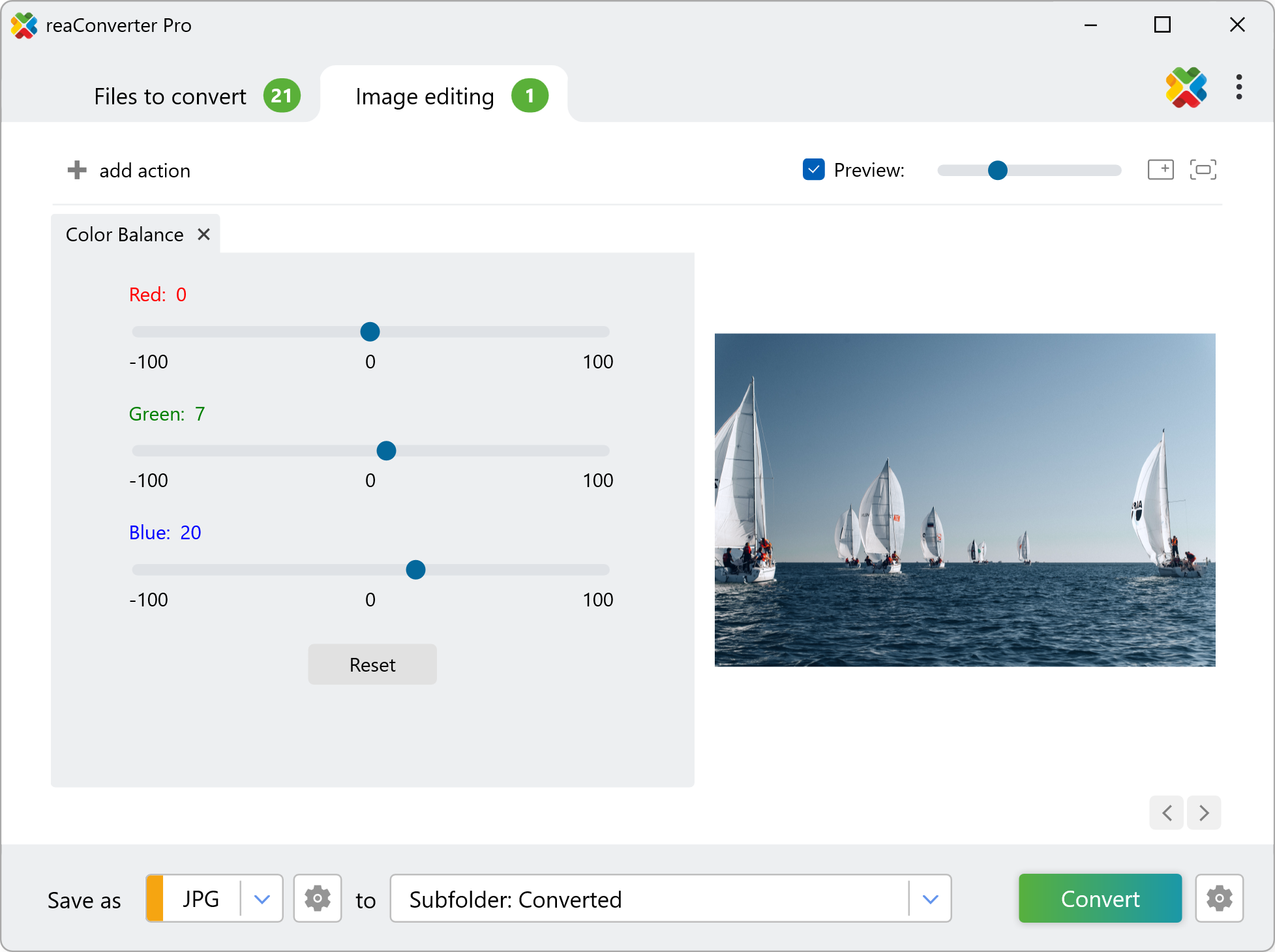 Панель Color Balance во вкладке Image editing reaConverter