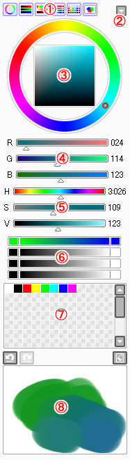 Цветовая панель PaintTool SAI Ver.1 с цветовым кругом, RGB и HSV, образцами и площадкой смешивания