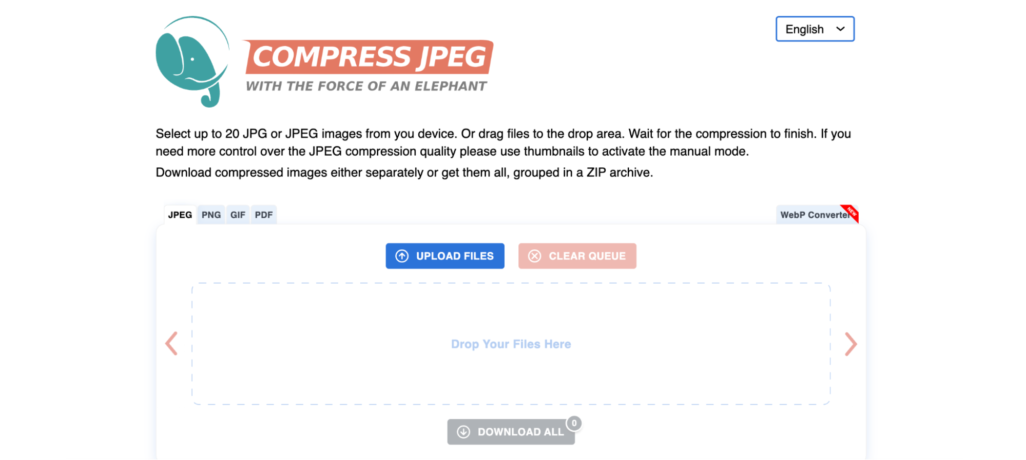 Старый экран Compress JPEG с очередью миниатюр и кнопкой Download All