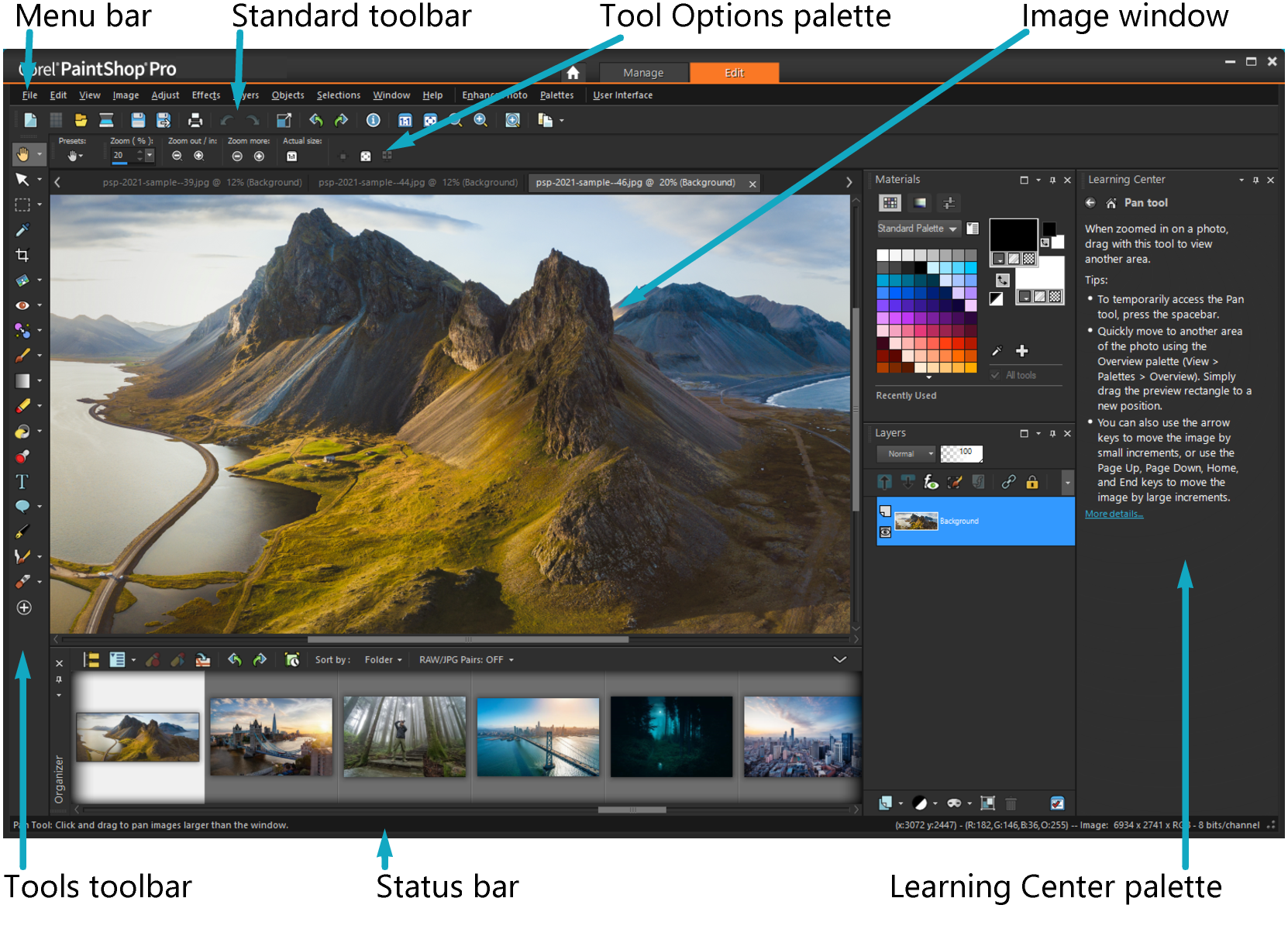 Полное рабочее пространство Edit в PaintShop Pro с панелью инструментов, палитрой Layers и Organizer