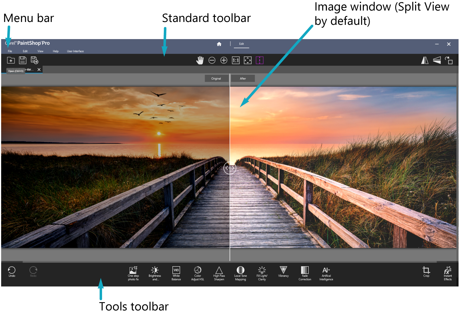 Рабочее пространство Photography в PaintShop Pro со сравнением Original и After