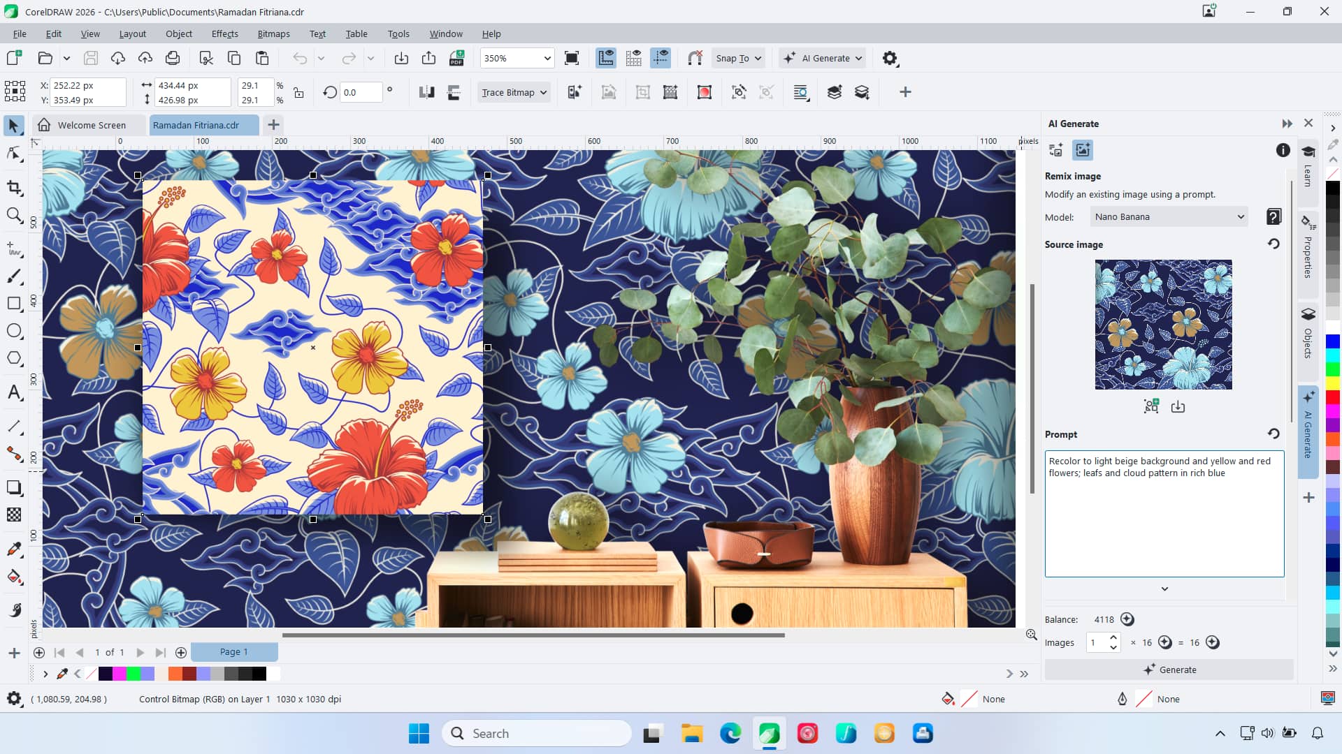 Окно CorelDRAW Graphics Suite 2026 в Windows с макетом и панелью AI Remix