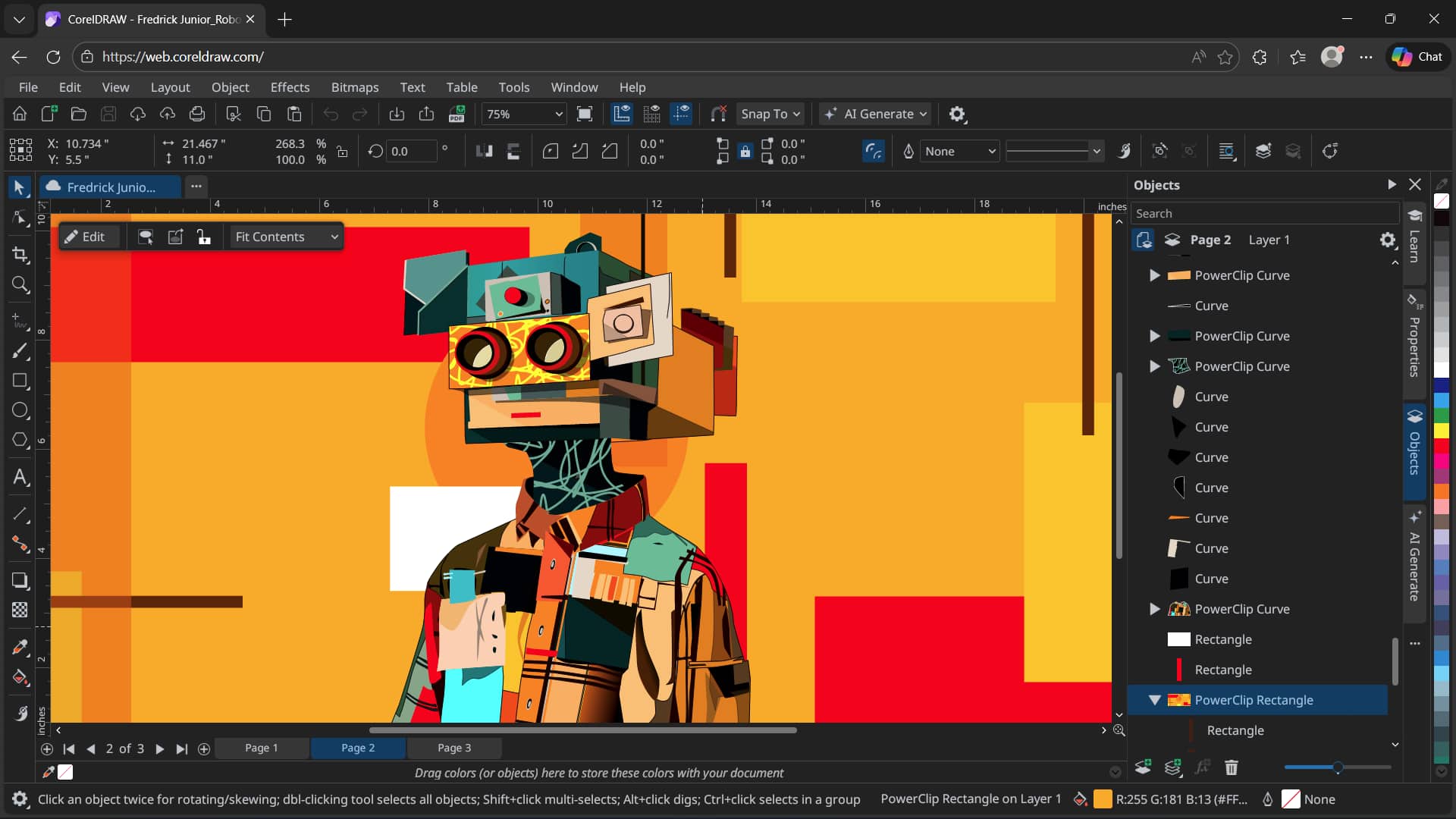 Интерфейс CorelDRAW Web с векторным макетом в браузере