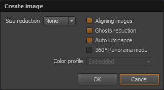 Окно Create image в SNS-HDR с настройками предварительной обработки