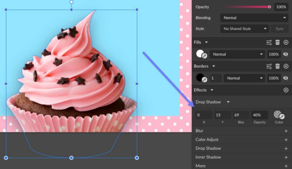 Панель Inspector в Corel Vector с настройками заливки, границы и тени