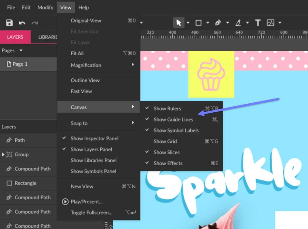 Меню View в Corel Vector с настройками линеек, направляющих и панелей