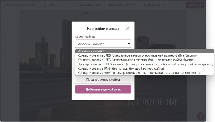 Настройки формата вывода в Make Watermark