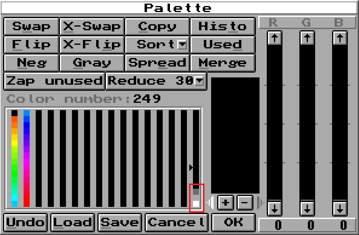 Окно Palette в GrafX2 с операциями сортировки, сокращения и редактирования RGB