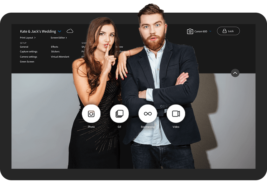 Гостевой экран LumaBooth for Windows с режимами Photo, GIF, Boomerang и Video