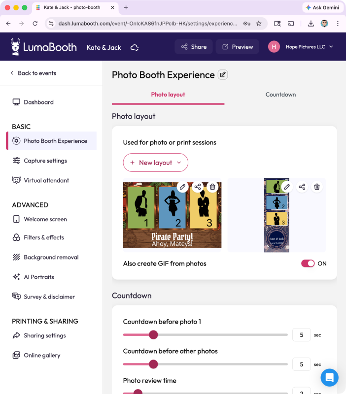 Панель LumaBooth Dashboard с настройками макета, отсчёта и способов отправки