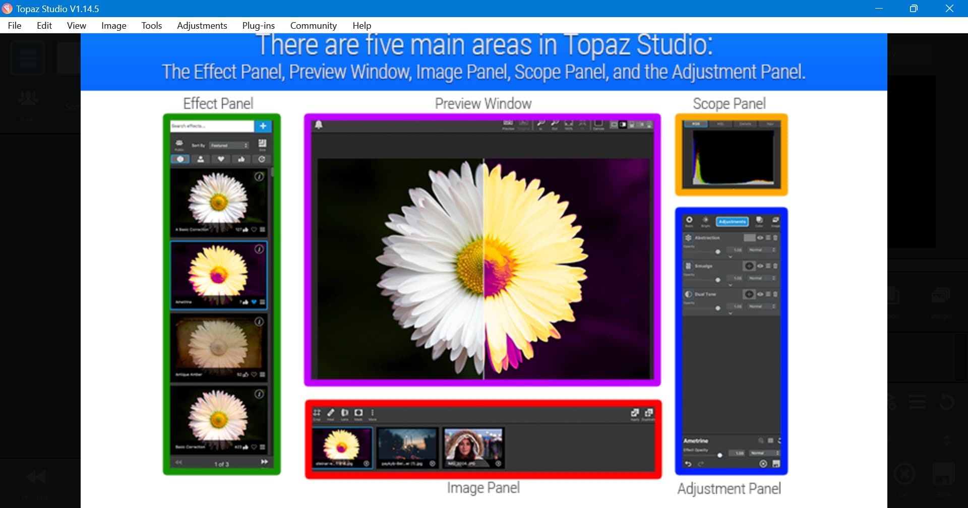 Рабочее окно Topaz Studio 1 с панелями Effect Panel, Image Panel, Scope Panel и Adjustment Panel