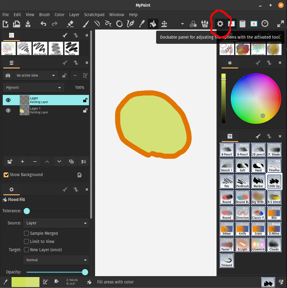 Интерфейс MyPaint 2.0.1 с холстом, слоями, кистями, цветовым кругом и параметрами Flood Fill