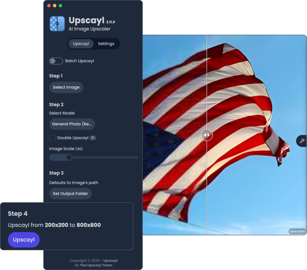 Официальный пример интерфейса Upscayl Desktop с ползунком сравнения до и после