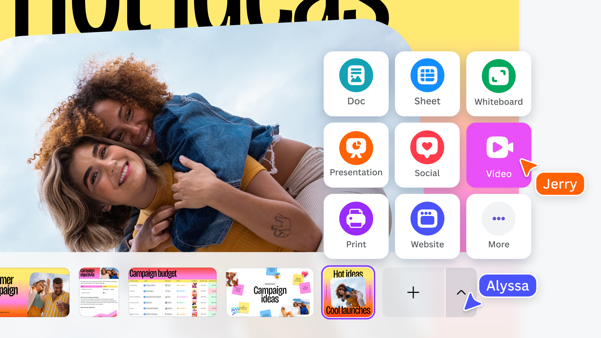 Интерфейс Canva Visual Suite с несколькими типами материалов в одном проекте