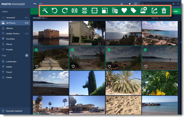 Сетка фотографий Movavi Photo Manager 2 с зелёной панелью пакетных действий
