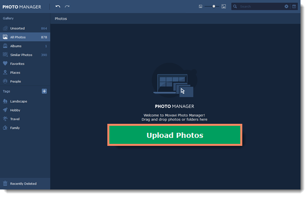 Стартовое окно Movavi Photo Manager 2 с разделами галереи и кнопкой Upload Photos