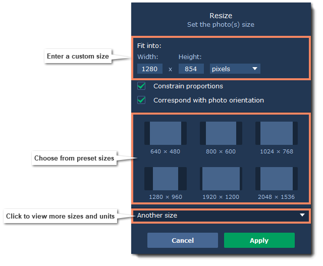 Диалог Resize в Movavi Photo Manager 2 с шириной, высотой и сохранением пропорций