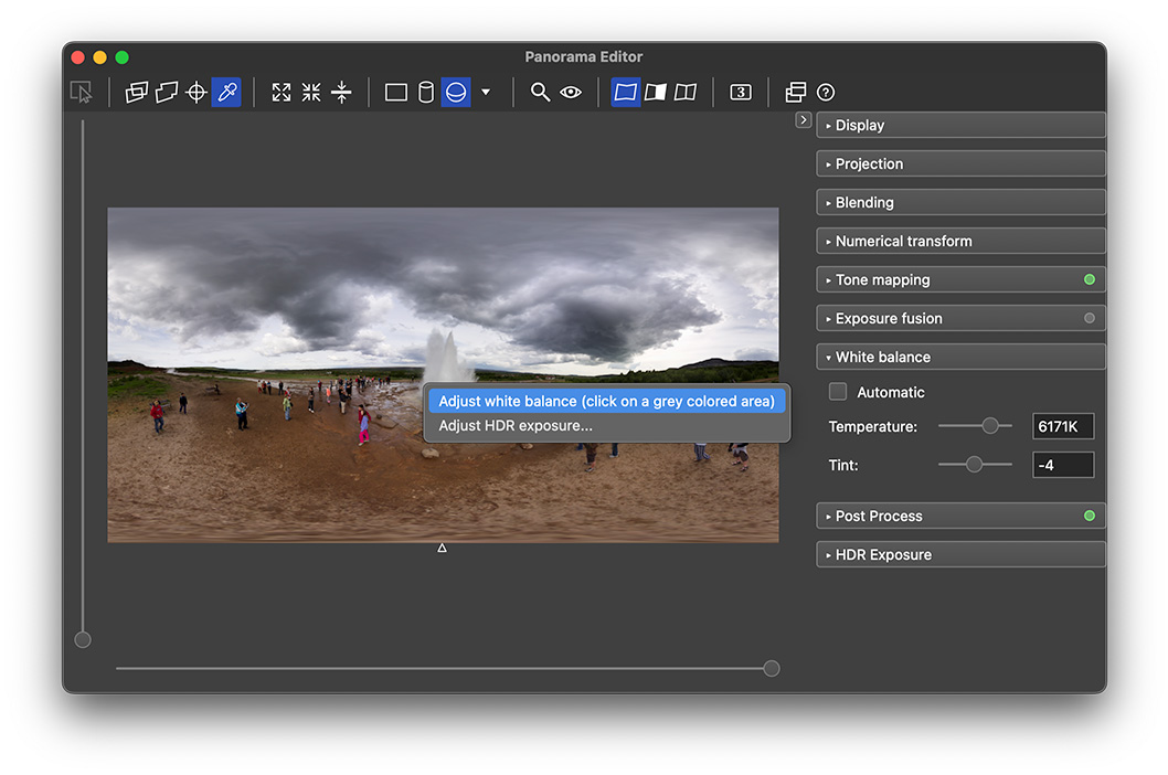 Panorama Editor в PTGui 13 с настройками проекции, смешивания и баланса белого