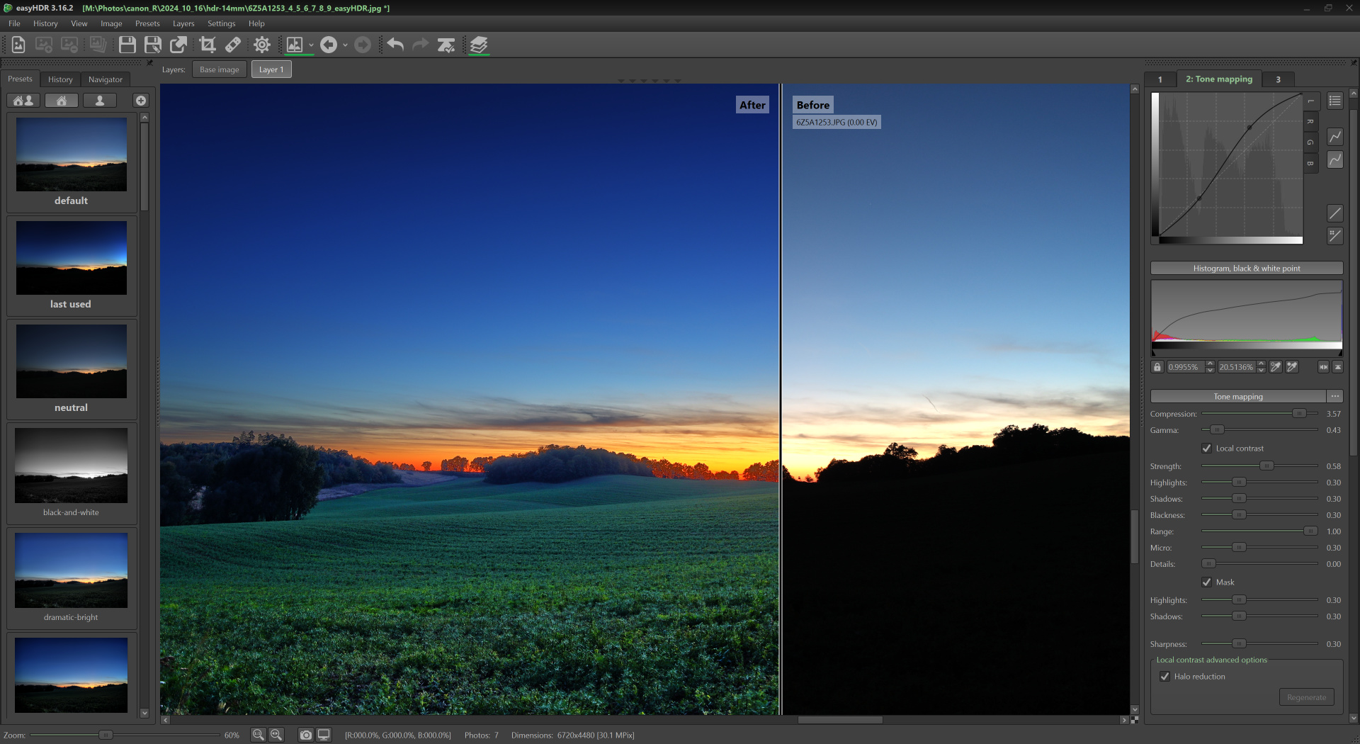 Главное окно easyHDR 3 с панелью пресетов, сравнением до и после и настройками tone mapping