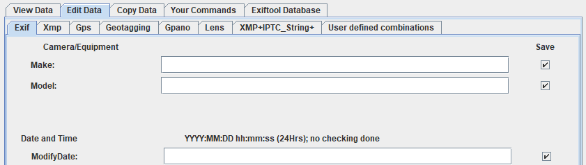 Редактирование EXIF, XMP, IPTC и GPS на вкладке Edit Data jExifToolGUI