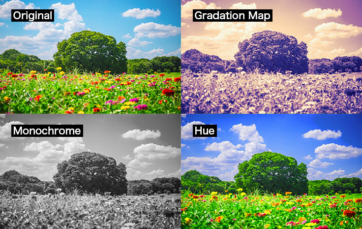 Примеры Gradient Map, Monochrome и Hue в FireAlpaca SE