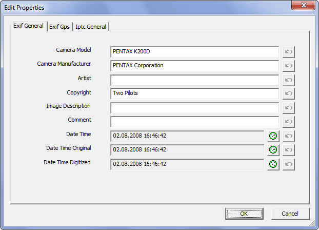 Окно Edit Properties в Exif Pilot с полями EXIF General, EXIF GPS и IPTC General
