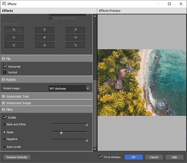 Окно Effects в Pixillion Image Converter с поворотом, отражением, водяными знаками и фильтрами