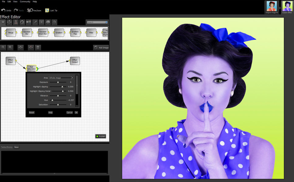 Узловой Effects Editor Smart Photo Editor с входом, выходом и настройками цветового узла