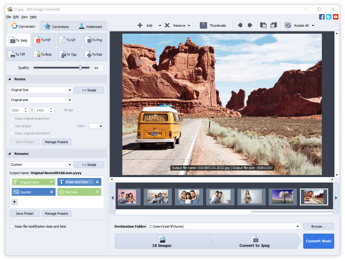 Главное окно AVS Image Converter 26.0 с вкладкой Conversion, настройками формата, размера и переименования