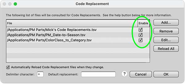 Окно Code Replacement в Photo Mechanic с включением файлов замен