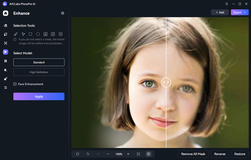 Режим Enhance в AVCLabs PhotoPro AI с моделями Standard и High Definition и улучшением лица