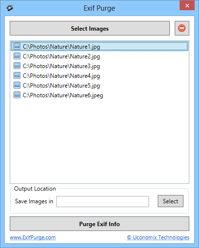 Окно Exif Purge со списком JPEG, выбором выходной папки и кнопкой Purge Exif Info
