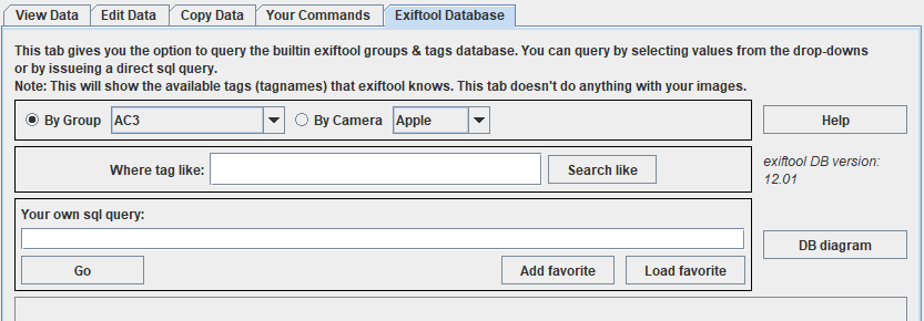 Окно базы тегов ExifTool в jExifToolGUI