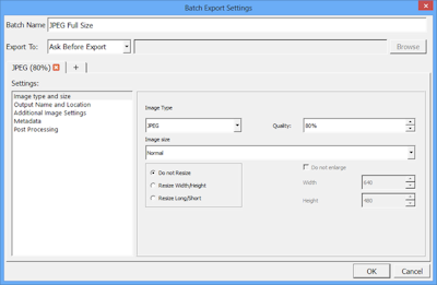 Диалог Batch Export Settings для JPEG в AfterShot Pro