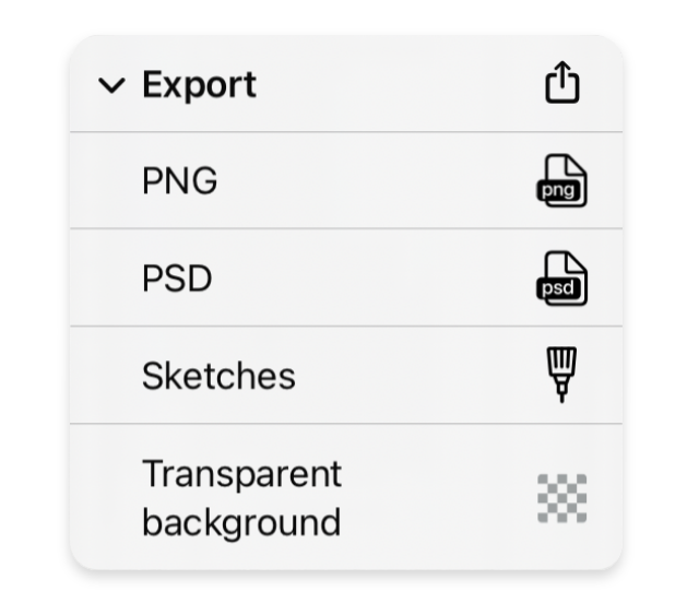 Панель экспорта Tayasui Sketches с PNG, PSD и прозрачным фоном