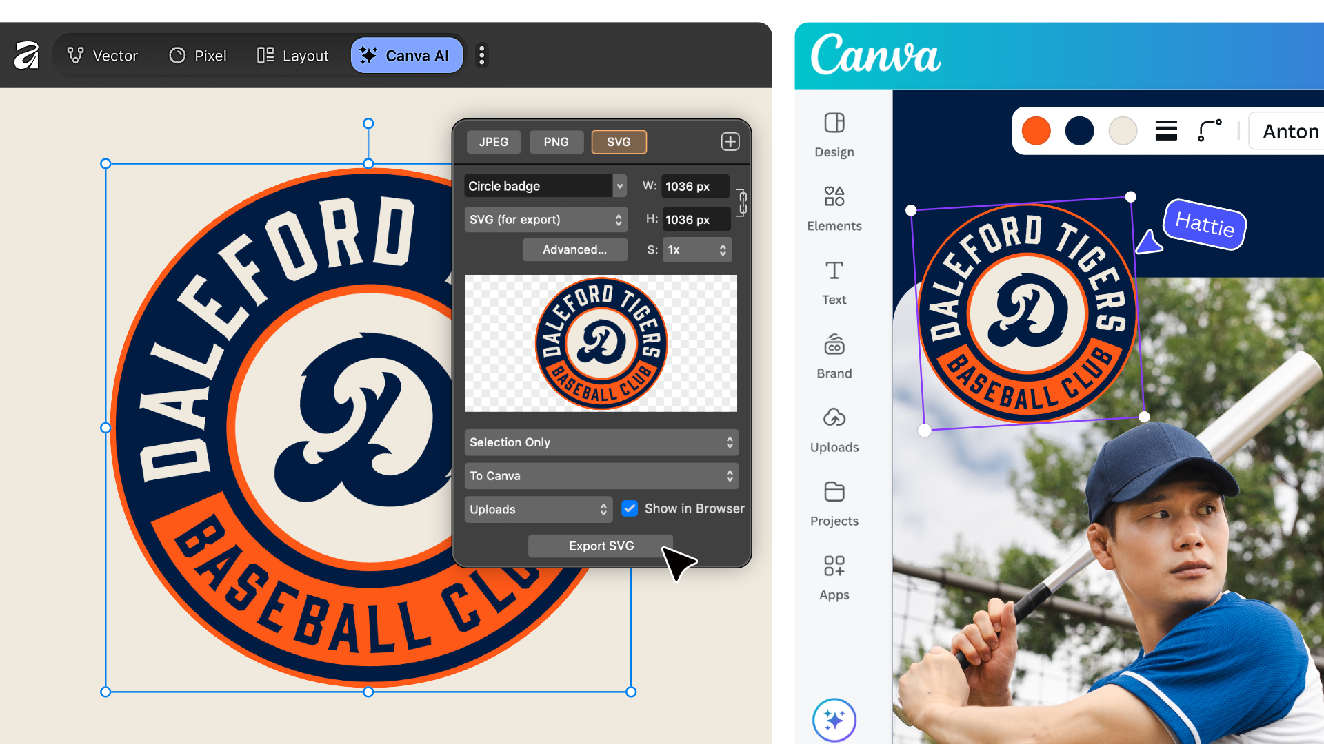 Векторный документ Affinity и окно экспорта SVG в Canva