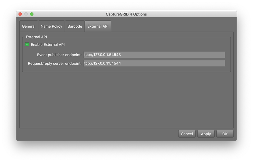 Настройки External API CaptureGRID 4 с адресами ZeroMQ