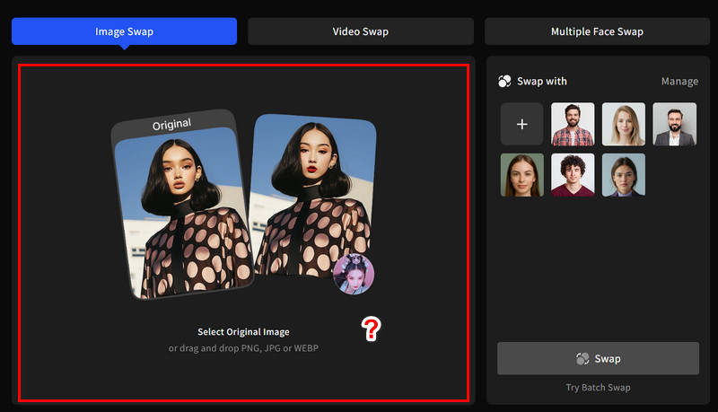Одиночная замена лица в FaceSwapper.ai с исходным фото и панелью Swap with