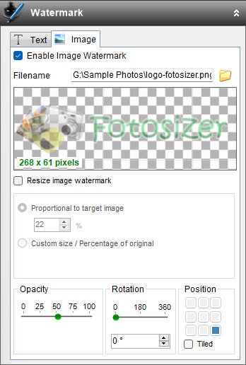 Панель графического водяного знака Fotosizer Professional
