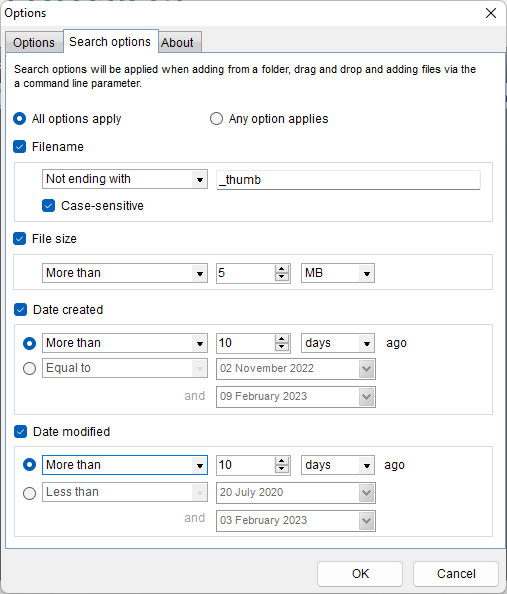 Окно Search options Fotosizer с фильтрами имени, размера и даты файлов