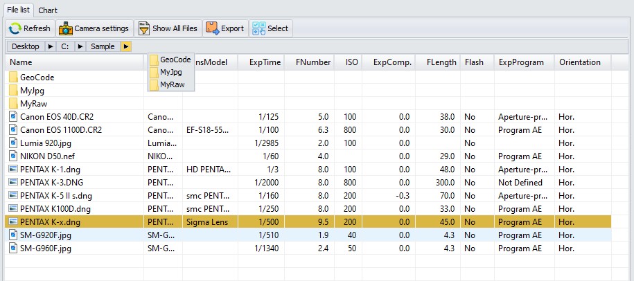 Табличный режим Camera settings в ExifToolGUI со сведениями о камере и экспозиции