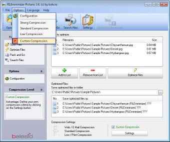 Меню выбора уровня сжатия в FILEminimizer Pictures