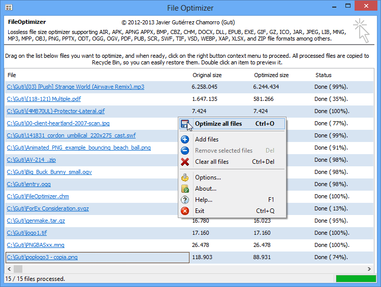 Контекстное меню и список обработанных файлов в FileOptimizer