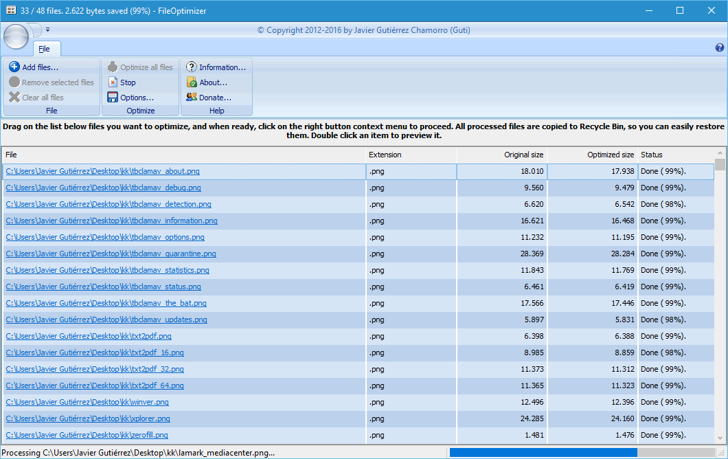 Официальный снимок окна FileOptimizer с таблицей файлов и панелью инструментов в Windows 10